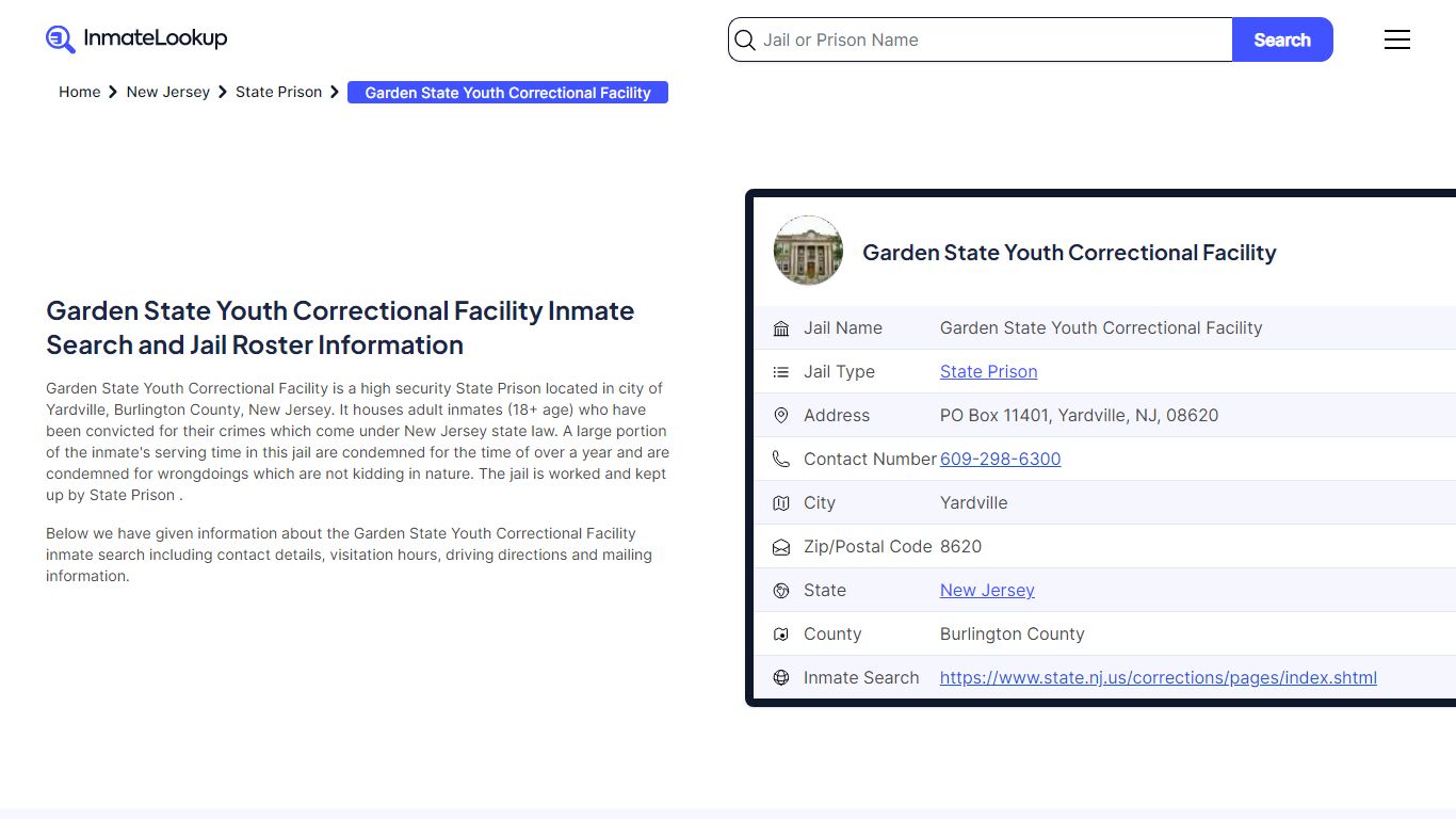 Garden State Youth Correctional Facility Inmate Search - Yardville New ...