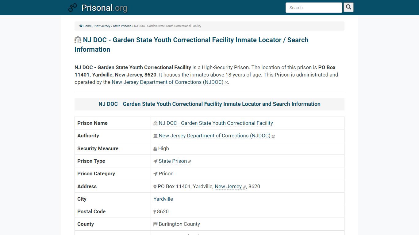 NJ DOC - Garden State Youth Correctional Facility-Inmate Locator/Search ...